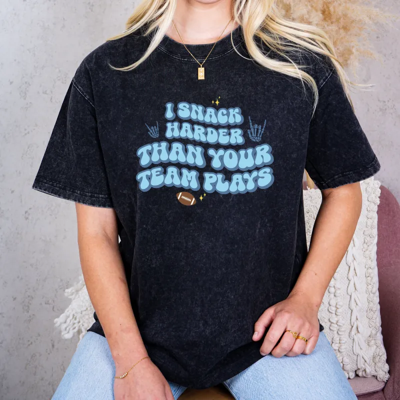 I Snack Harder Than Your Team Plays Tee - Retro Font, Rocker Hands, Game Day Fun, Wavey Design, Sports Party Events sold by Anna-Kaci