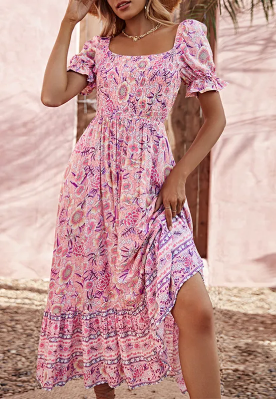 Square Neck Floral Print Midi Dress sold by Anna-Kaci