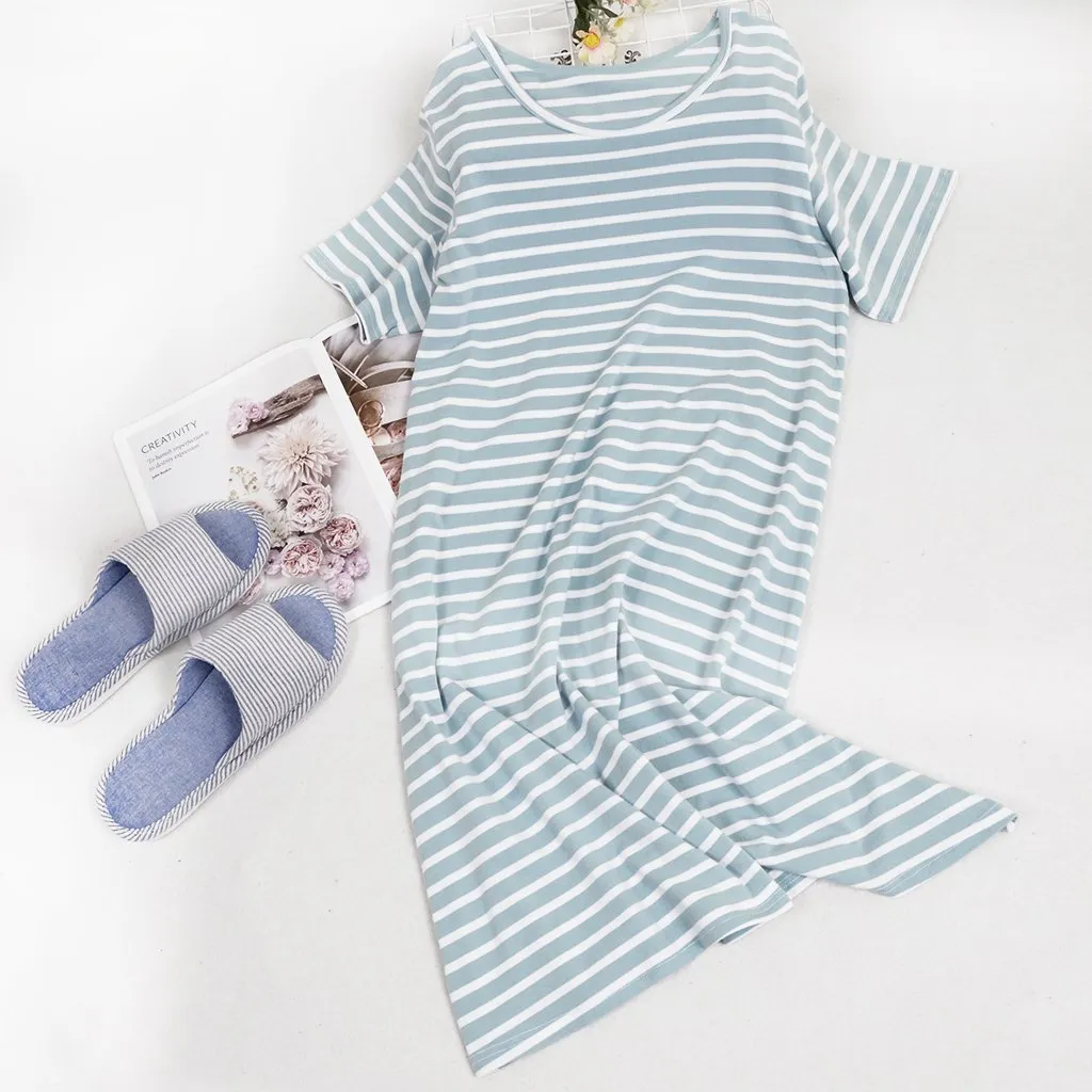 Summer Striped Short Sleeve Pajamas Dress sold by Anna-Kaci