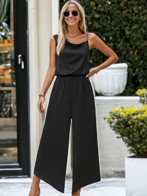 Asymmetric Shoulder Strap Draped Flared Leg Jumpsuit sold by Anna-Kaci