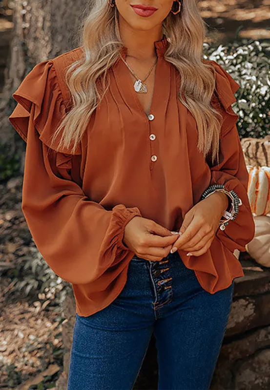 Pleated Front Ruffle Shoulder Blouse sold by Anna-Kaci