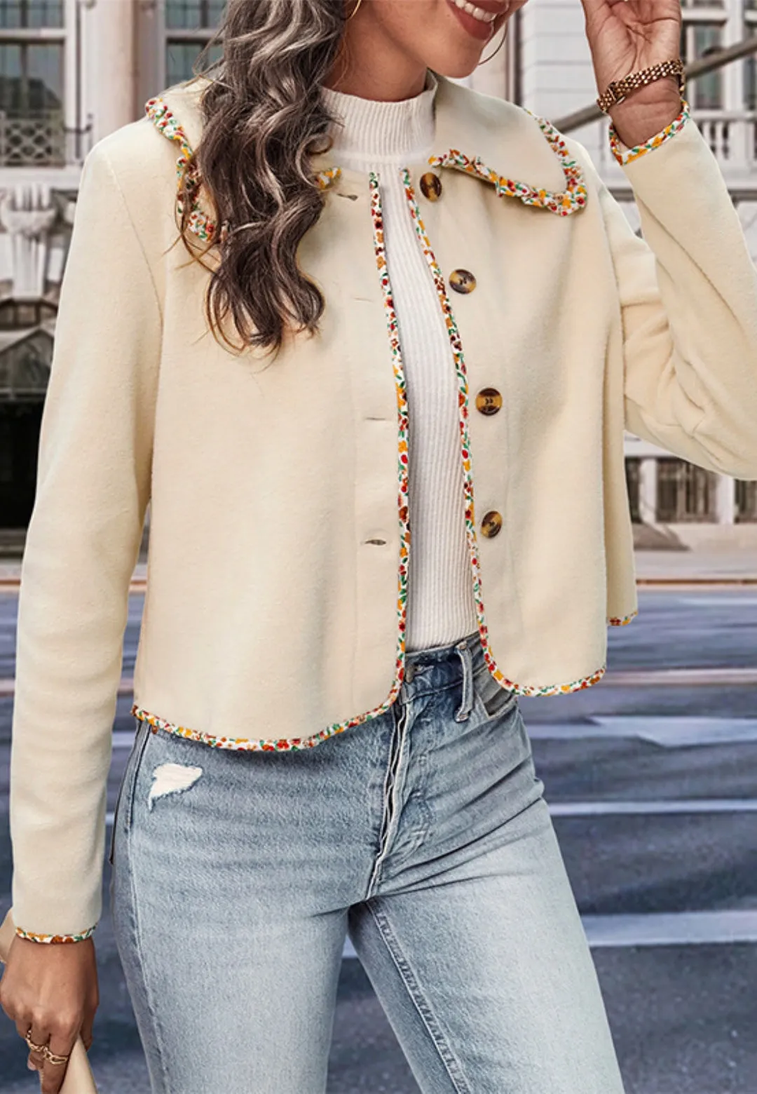 Contrast Multicolor Floral Trim Jacket sold by Anna-Kaci