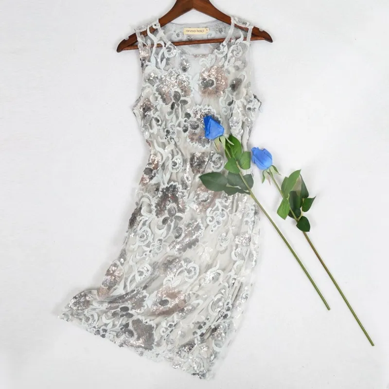 Light Grey & Gold Beaded Illusion Cocktail Dress sold by Anna-Kaci