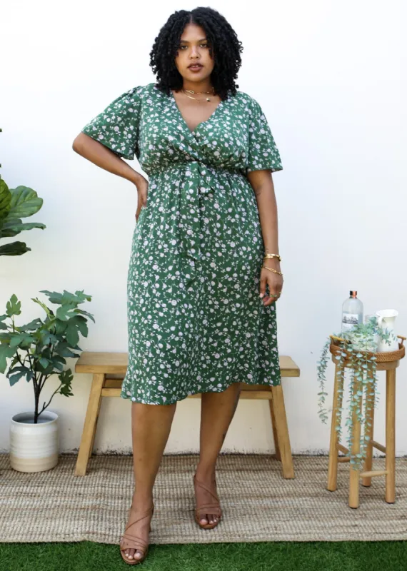 Plus Size Green Maxi Dress with Light Pink Floral Print sold by Anna-Kaci
