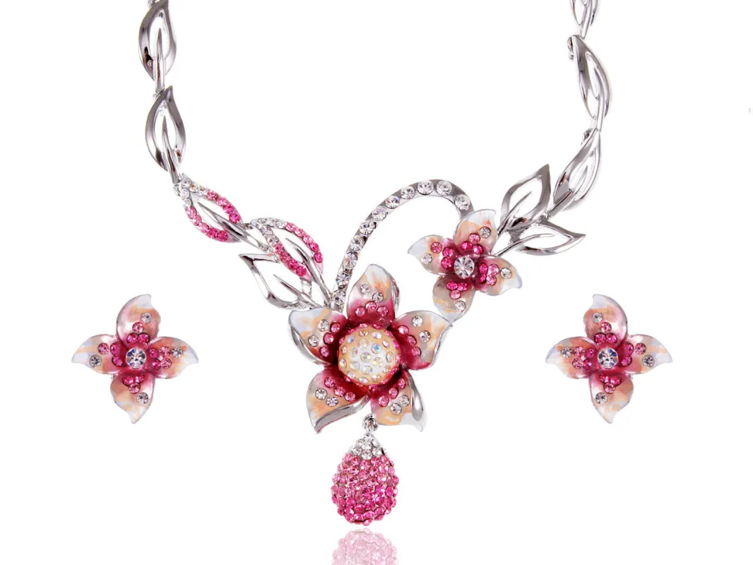 Swarovski Crystal Painted Pink White Plumeria Flower Dangle Necklace Earring Set sold by Anna-Kaci