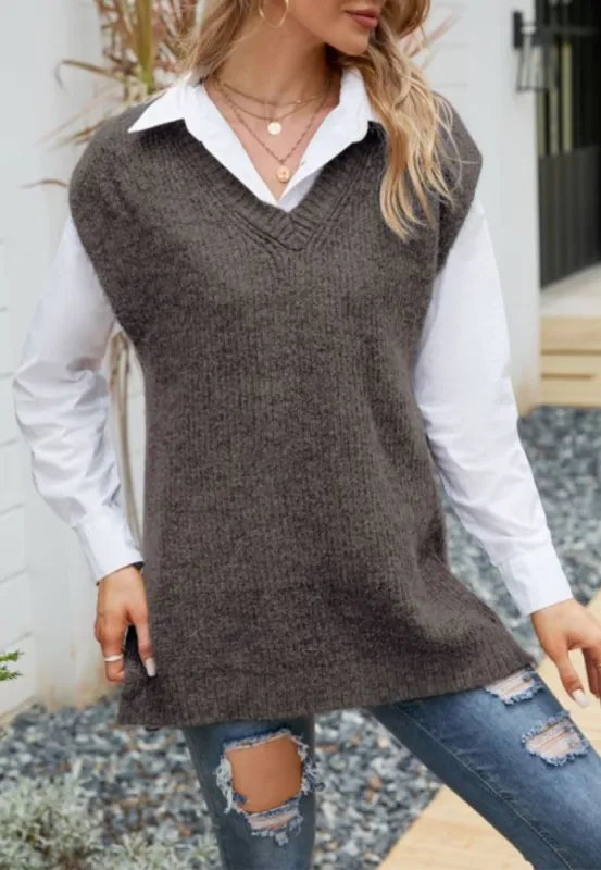 Classic Knit Side Slit Sweatervest sold by Anna-Kaci