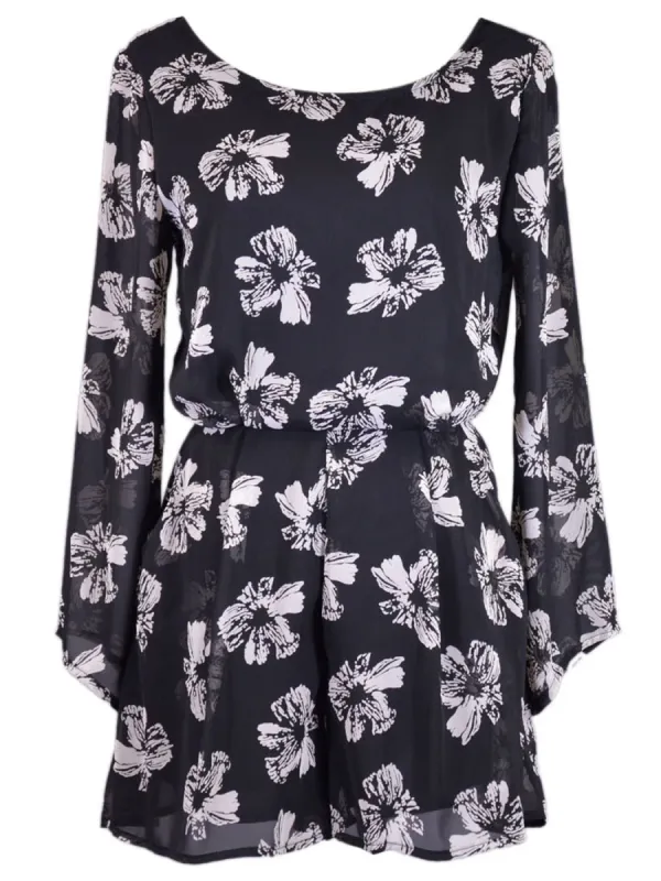 Lush Amiable Black & White Floral Print Bell Sleeves Chiffon Evening Romper sold by Anna-Kaci
