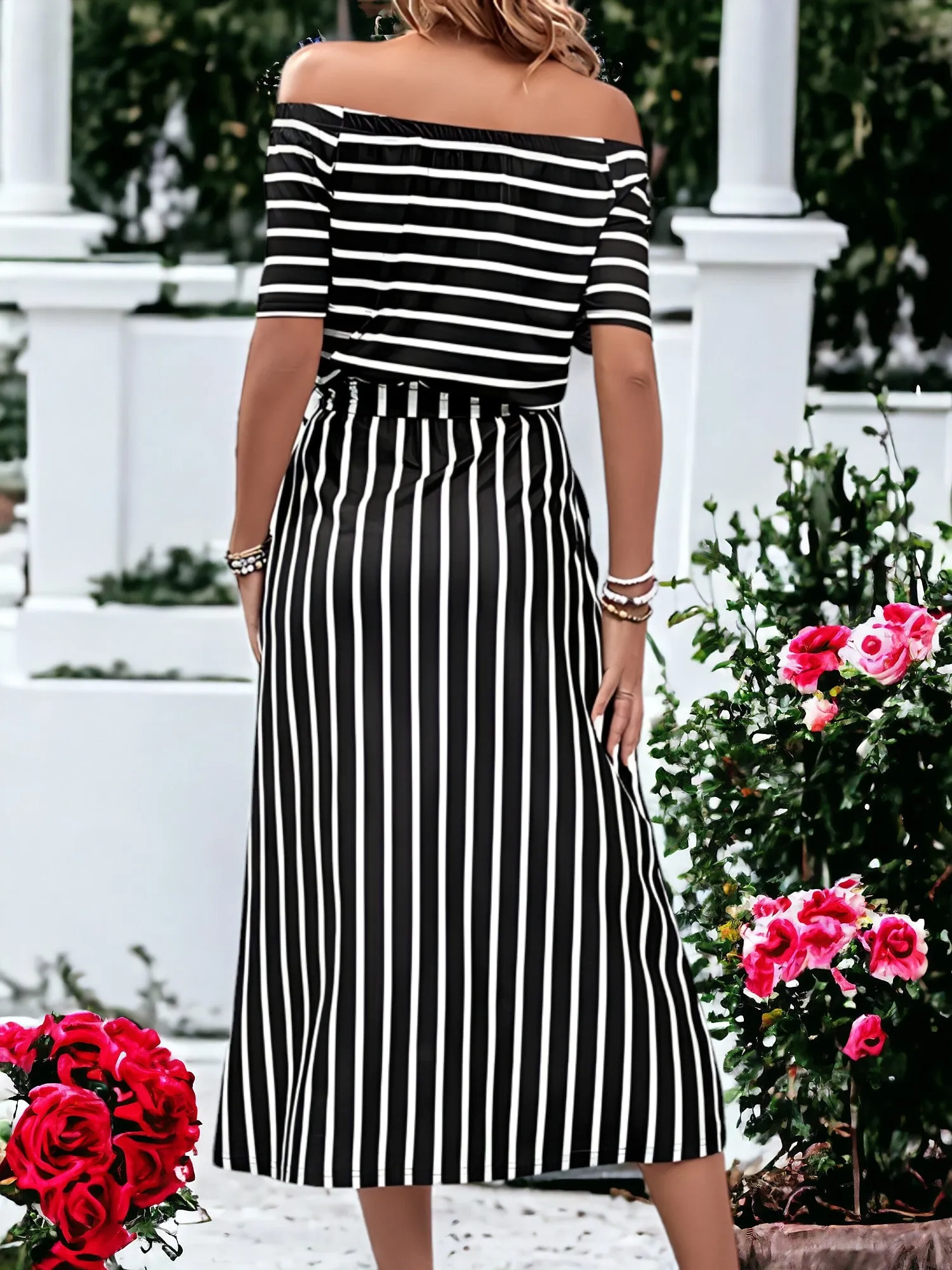 Striped Slit Off-Shoulder Tie-Waist Midi Dress sold by Anna-Kaci product image thumbnail 5