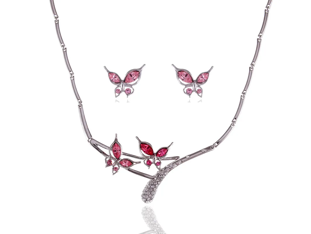 Swarovski Crystal Pink Rose Butterfly Love Duo Necklace Earring Set sold by Anna-Kaci