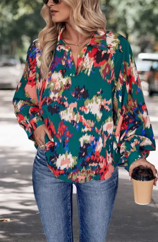 Multicolor Abstract Print Split V Neck Blouse sold by Anna-Kaci