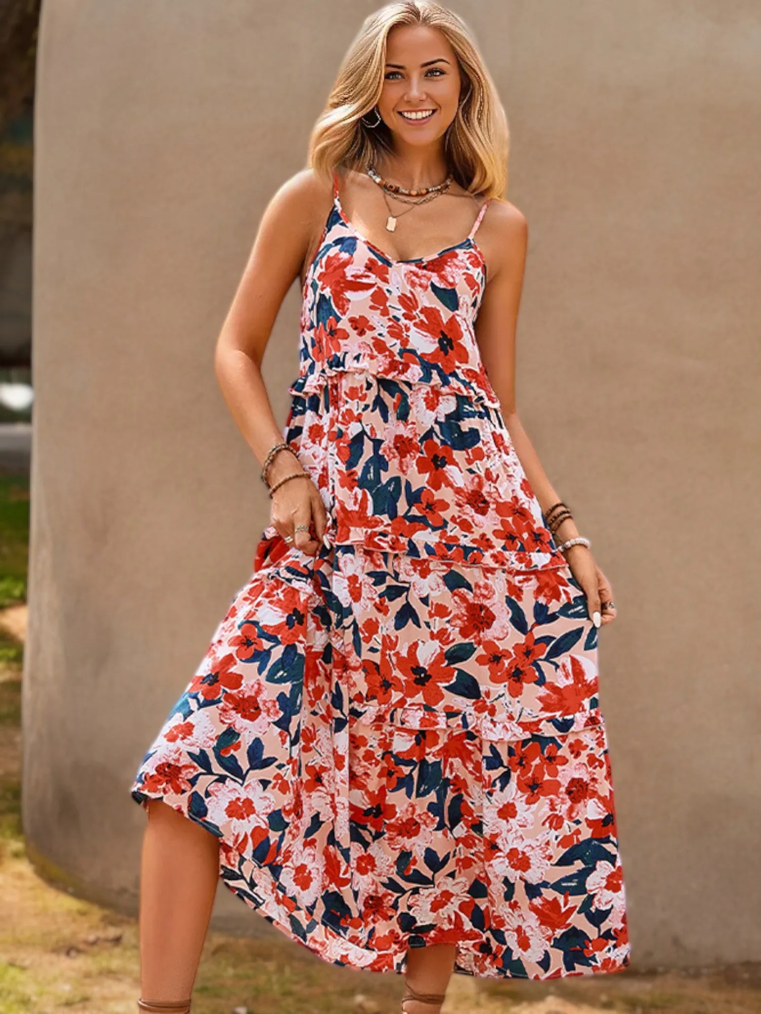 Spaghetti Strap Floral Print Midi Dress with Tiered Skirt sold by Anna-Kaci