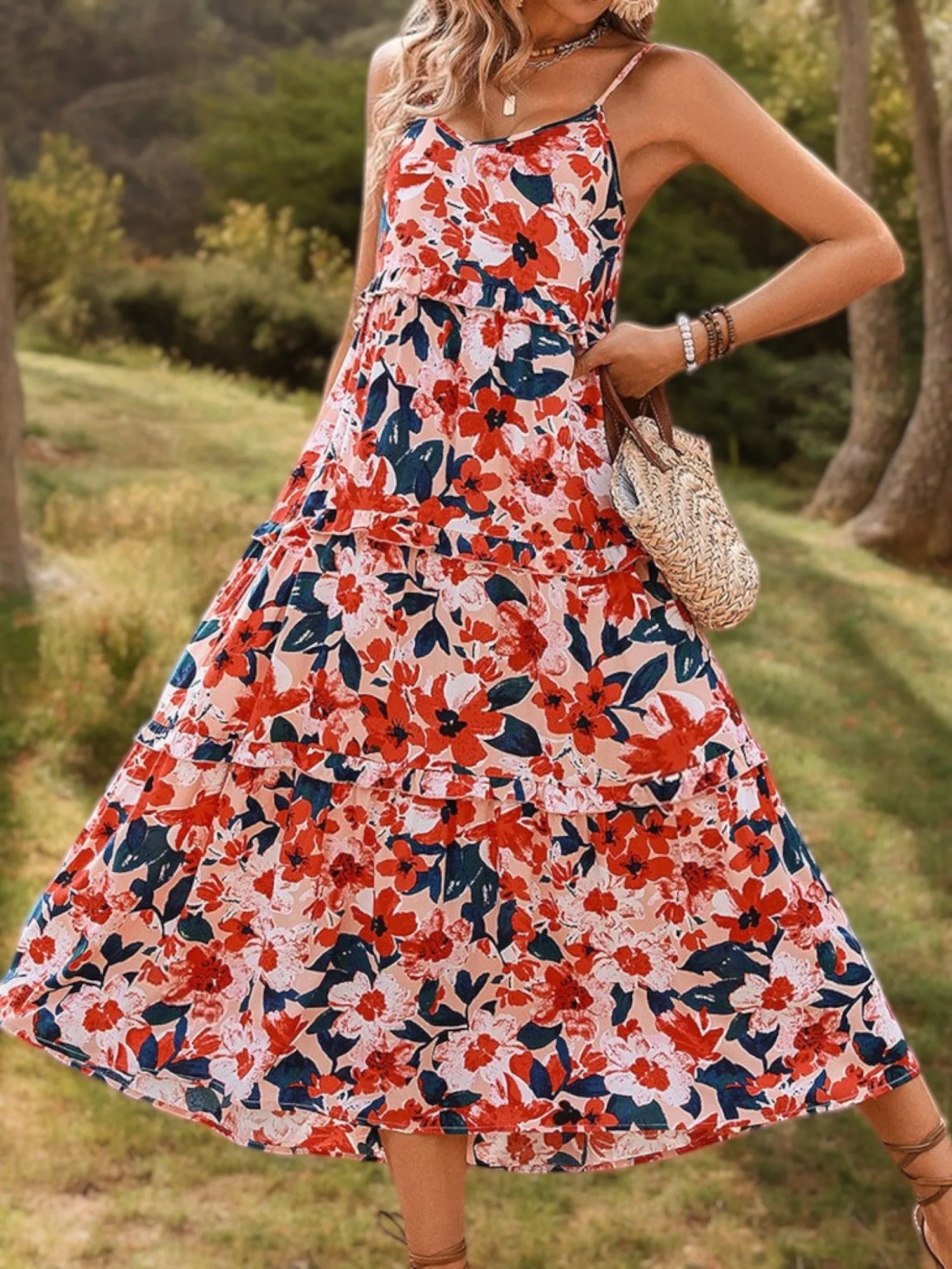 Spaghetti Strap Floral Print Midi Dress with Tiered Skirt sold by Anna-Kaci product image thumbnail 3