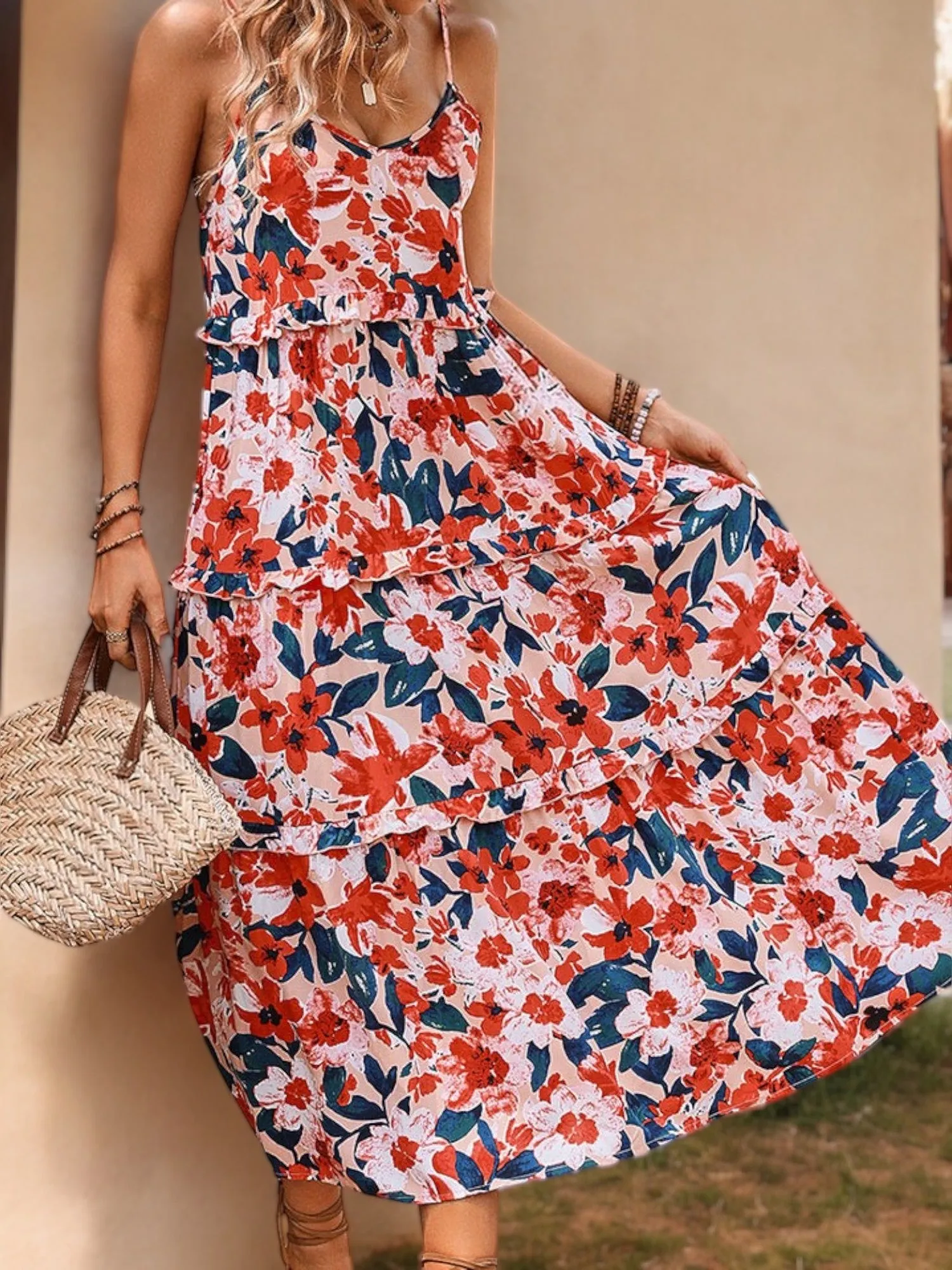 Spaghetti Strap Floral Print Midi Dress with Tiered Skirt sold by Anna-Kaci product image thumbnail 4