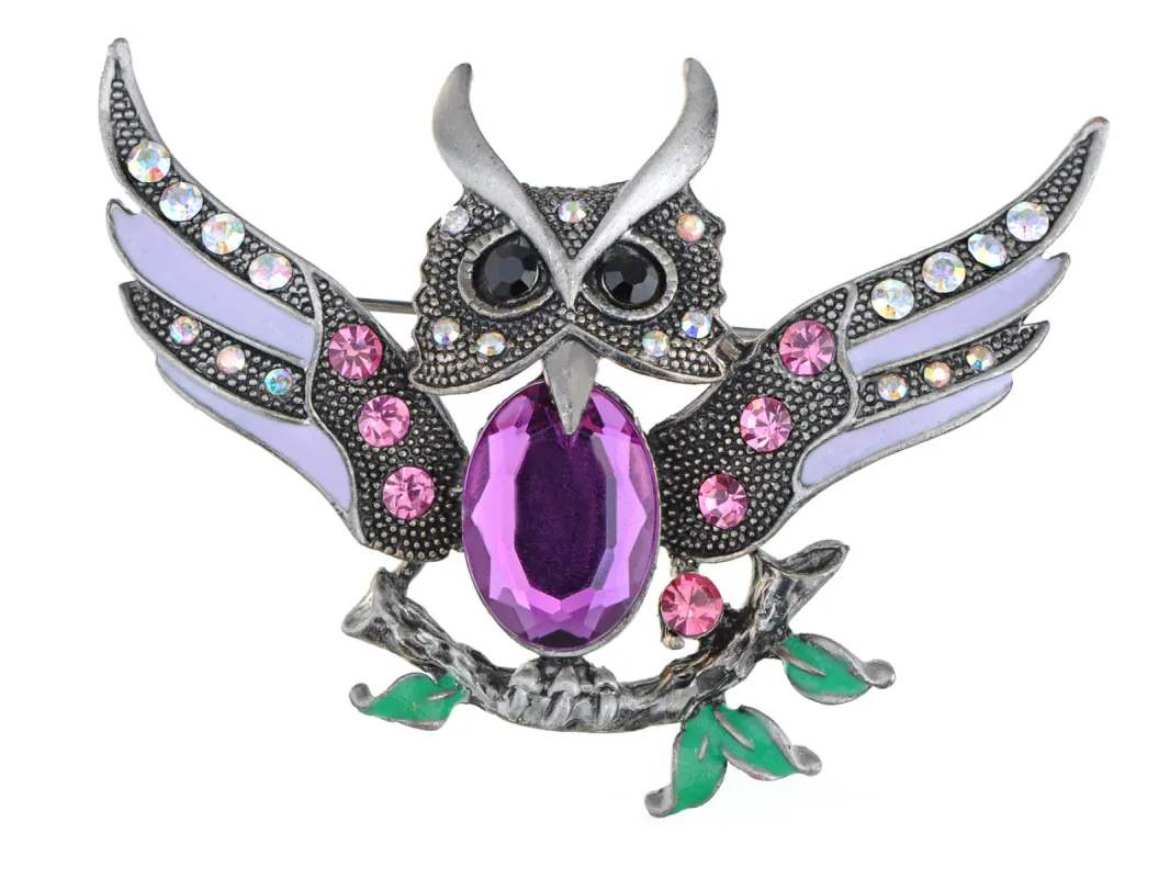 Antique Wise Owl On Branch Painted Enamel Bird Brooch Pin sold by Anna-Kaci