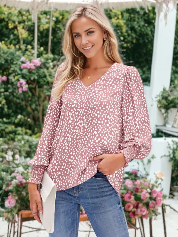 Long Sleeve Light V-Neck Bishop Sleeve Leopard Blouse made by Anna-Kaci