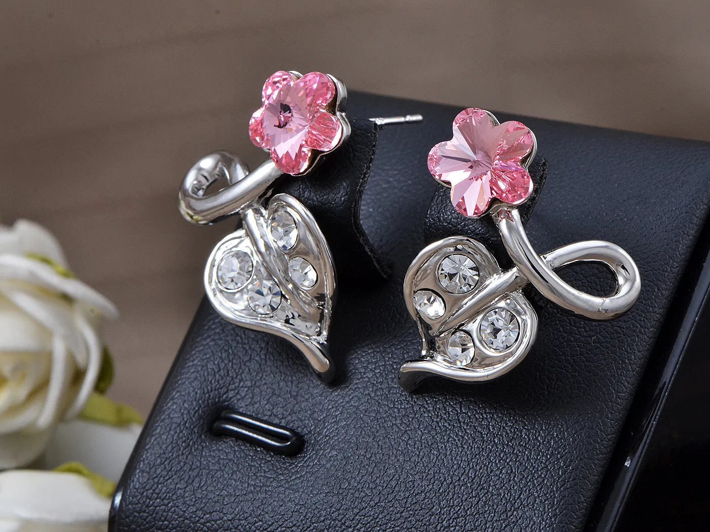 Swarovski Crystal Element Silver Pink Flower Leaf Swirl Stud Earrings sold by Anna-Kaci product image thumbnail 4