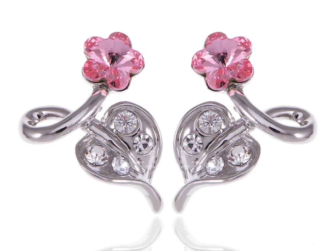 Swarovski Crystal Element Silver Pink Flower Leaf Swirl Stud Earrings sold by Anna-Kaci