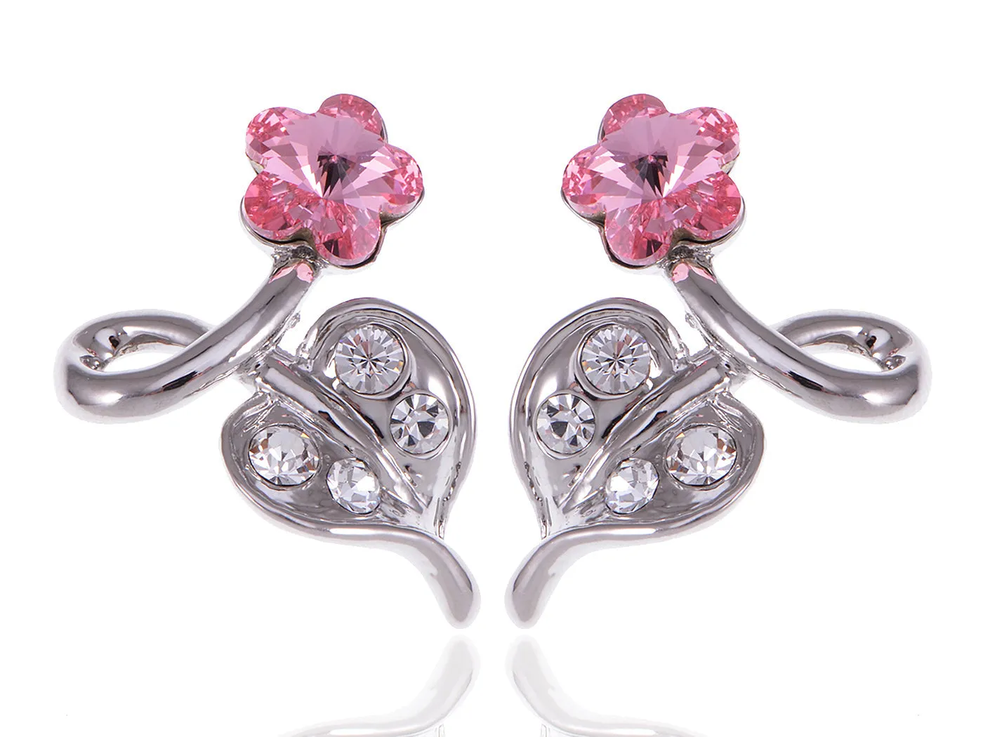 Swarovski Crystal Element Silver Pink Flower Leaf Swirl Stud Earrings sold by Anna-Kaci