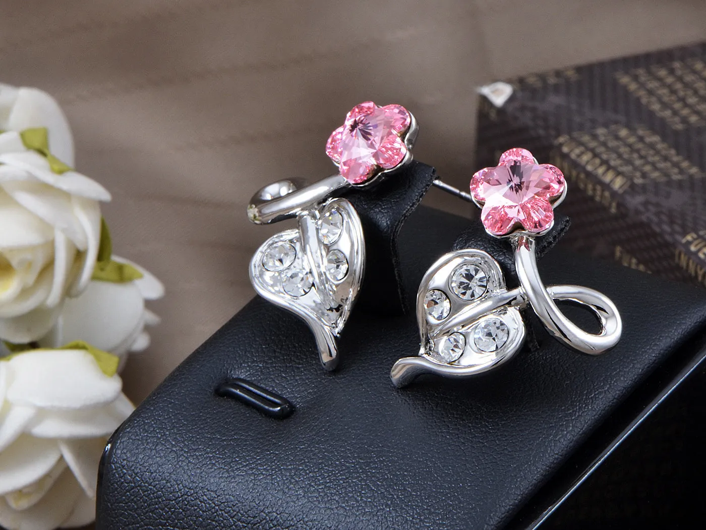 Swarovski Crystal Element Silver Pink Flower Leaf Swirl Stud Earrings sold by Anna-Kaci product image thumbnail 2