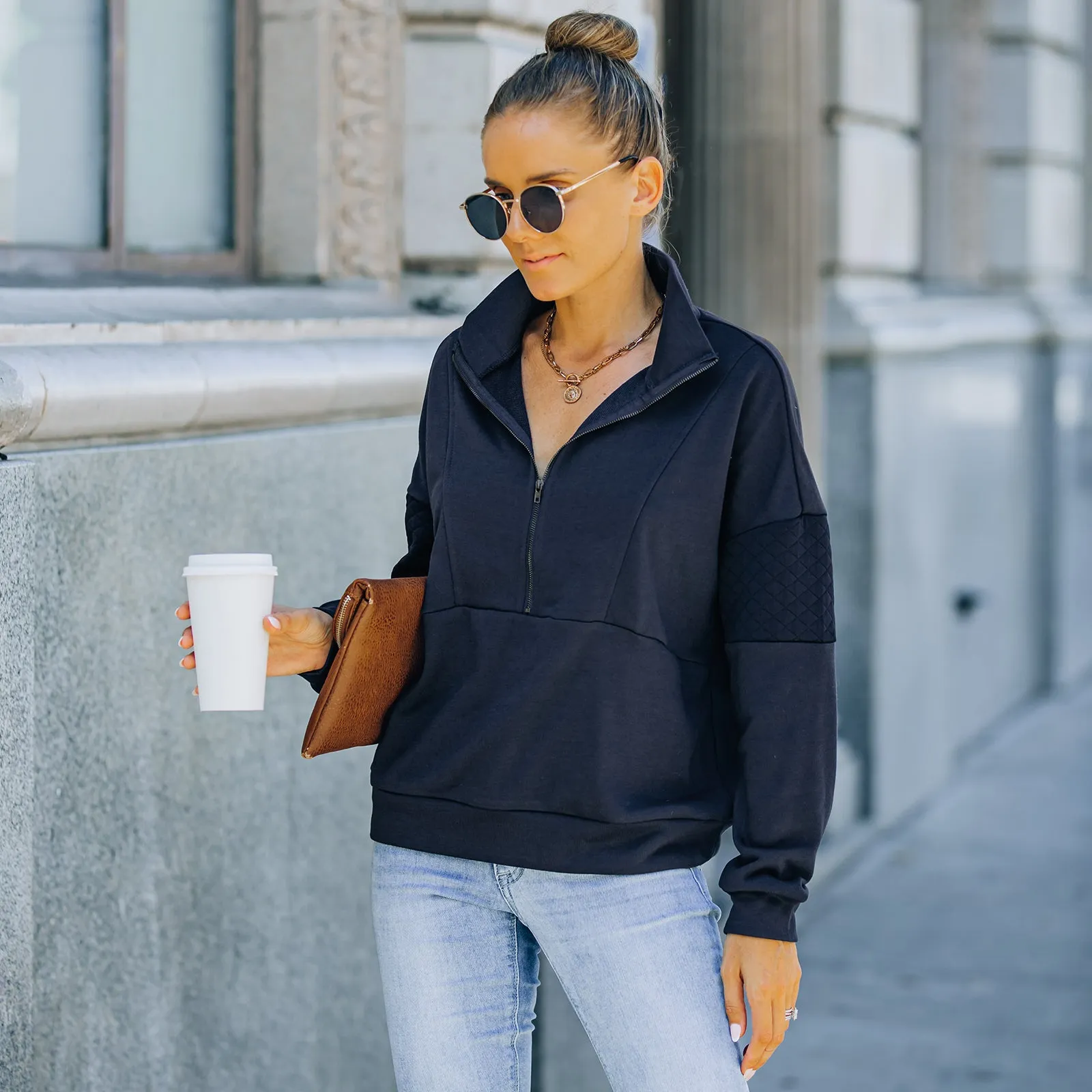 Solid Color Zipper Patchwork Sweatshirt Top sold by Anna-Kaci product image thumbnail 5