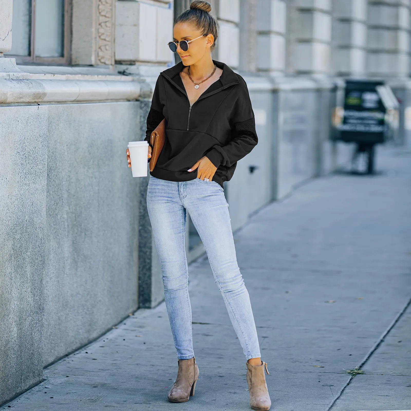 Solid Color Zipper Patchwork Sweatshirt Top sold by Anna-Kaci product image thumbnail 2