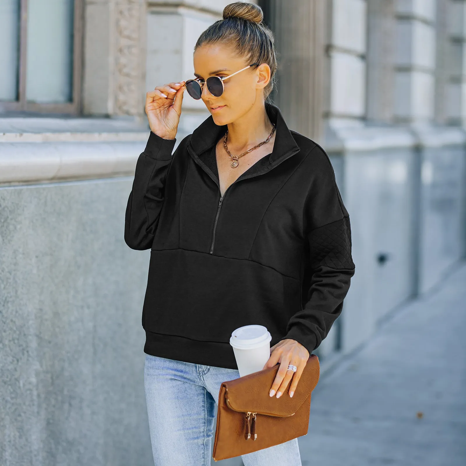 Solid Color Zipper Patchwork Sweatshirt Top sold by Anna-Kaci product image thumbnail 3