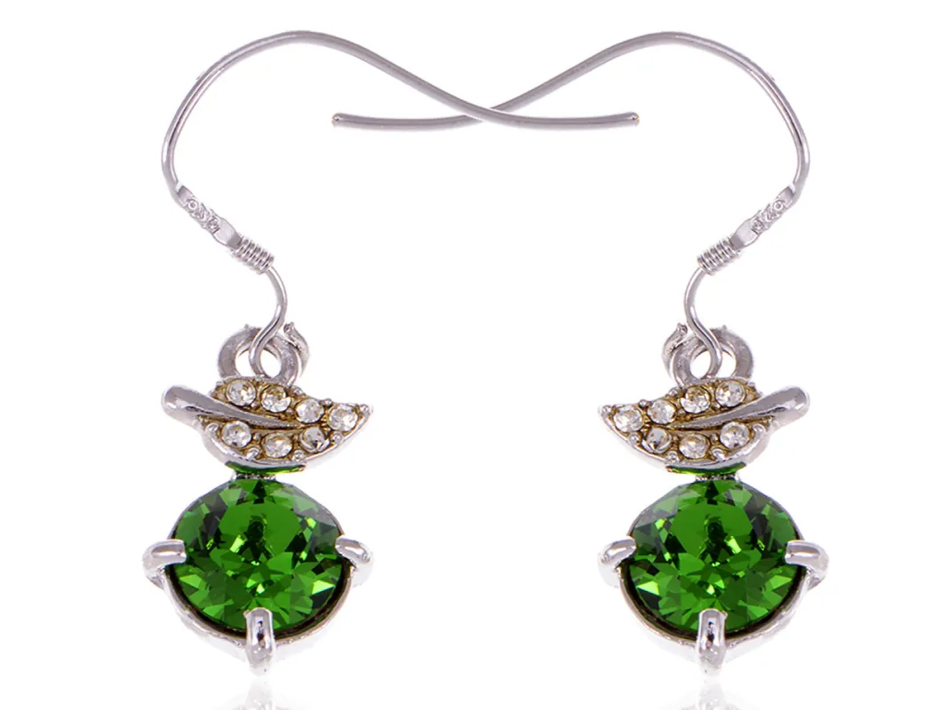 Swarovski Crystal Element Silver Green Leaf Circle Fish Hook Dangle Earrings sold by Anna-Kaci