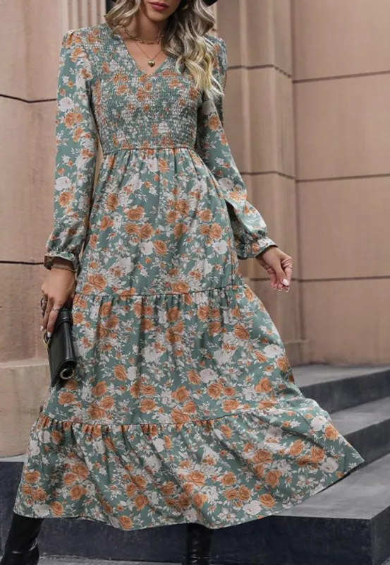 V-Neck Smocked Chest Floral Print Ruffle Detail Midi Dress sold by Anna-Kaci