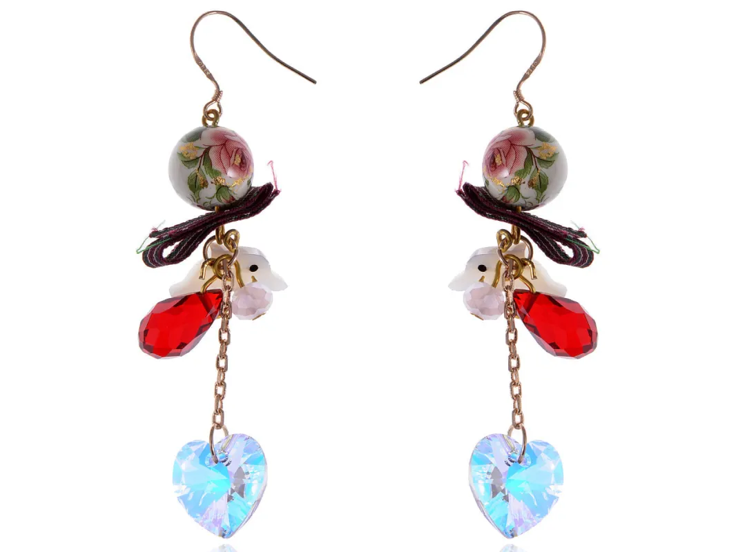 Swarovski Crystal Element Gold Multicolored Oriental Dove Heart Beaded Dangle Earrings sold by Anna-Kaci