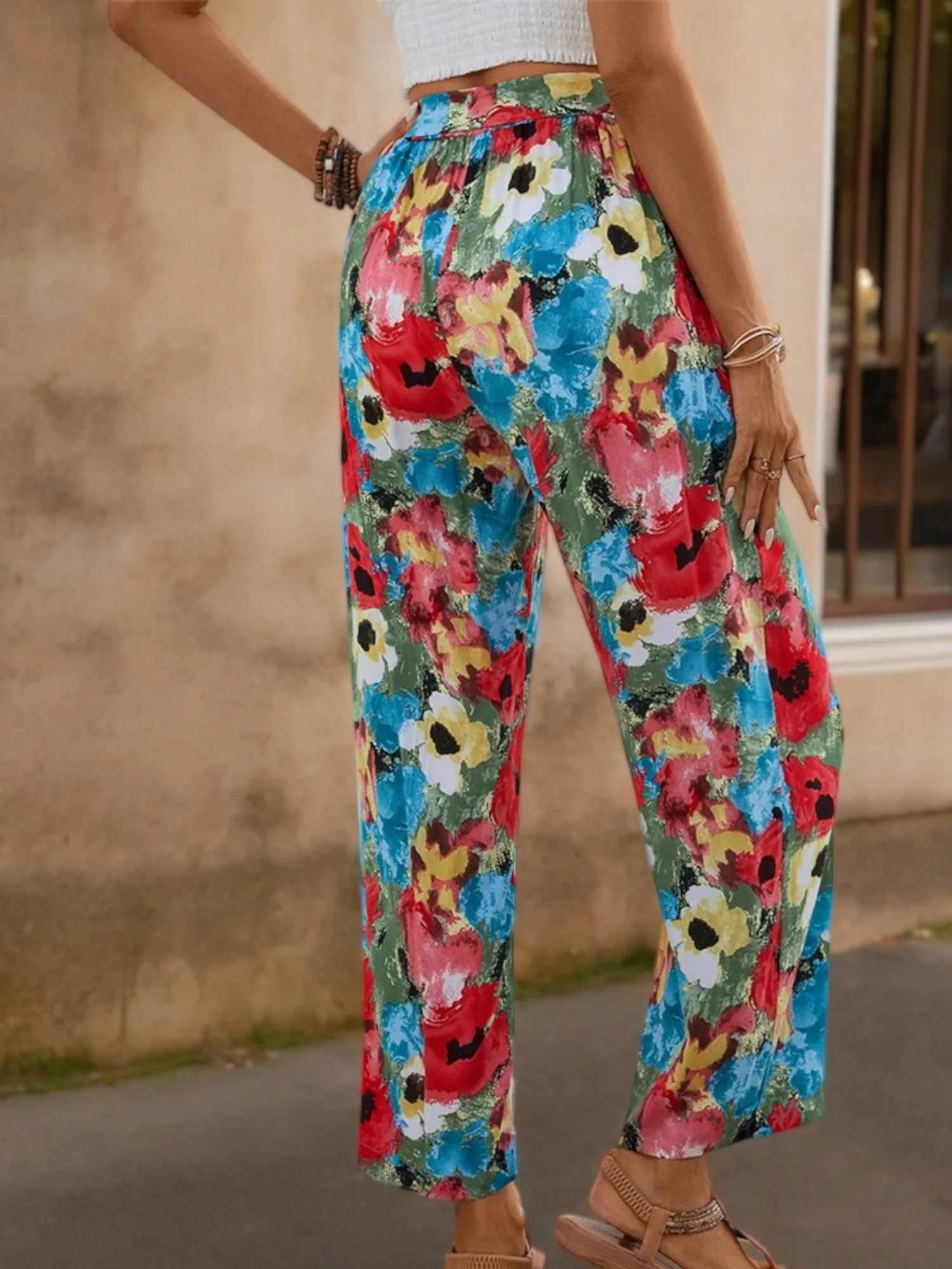 High-Waisted Wide Leg Pants with Floral Print and Tie Waist sold by Anna-Kaci product image thumbnail 5