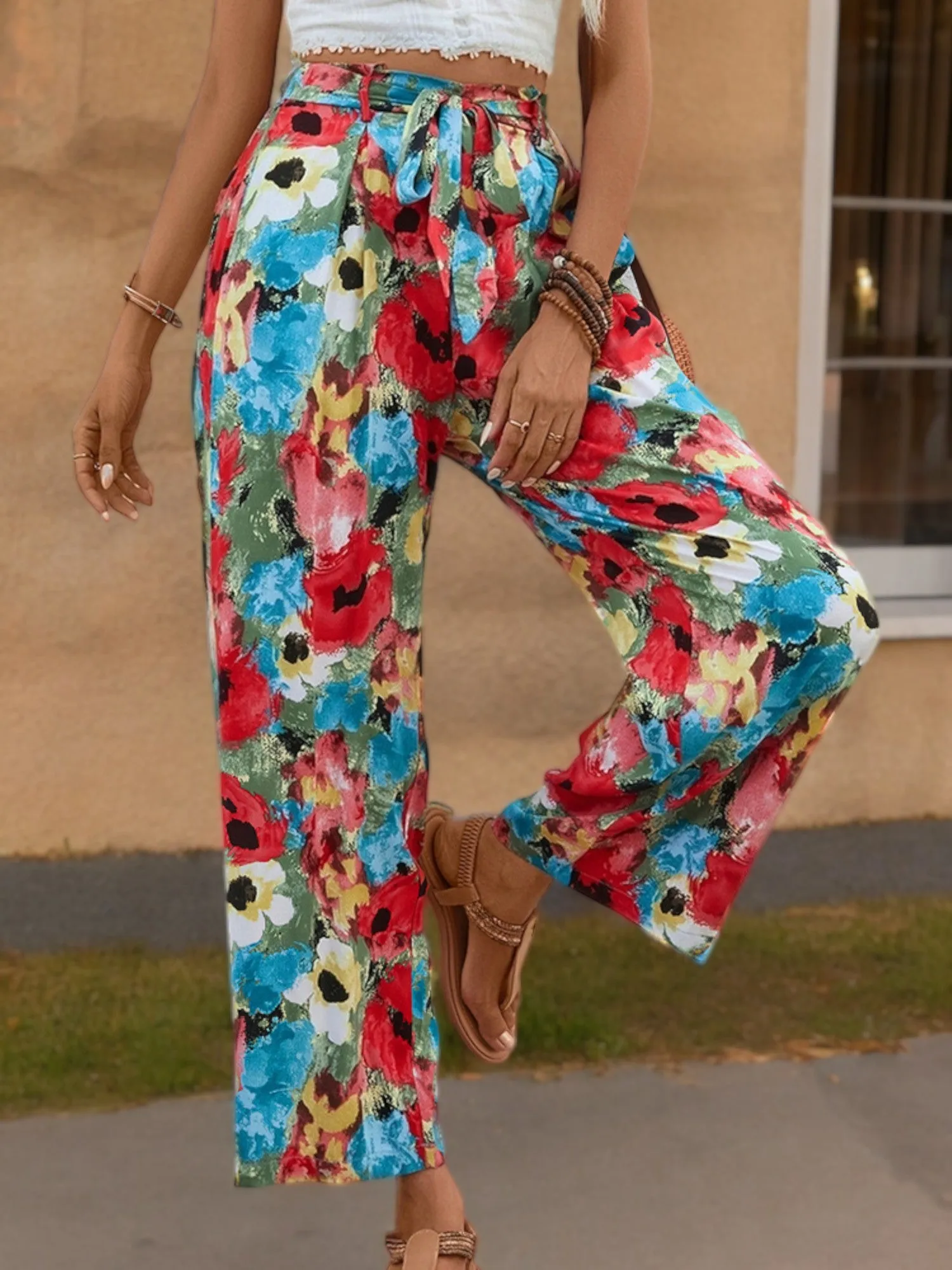 High-Waisted Wide Leg Pants with Floral Print and Tie Waist sold by Anna-Kaci product image thumbnail 3