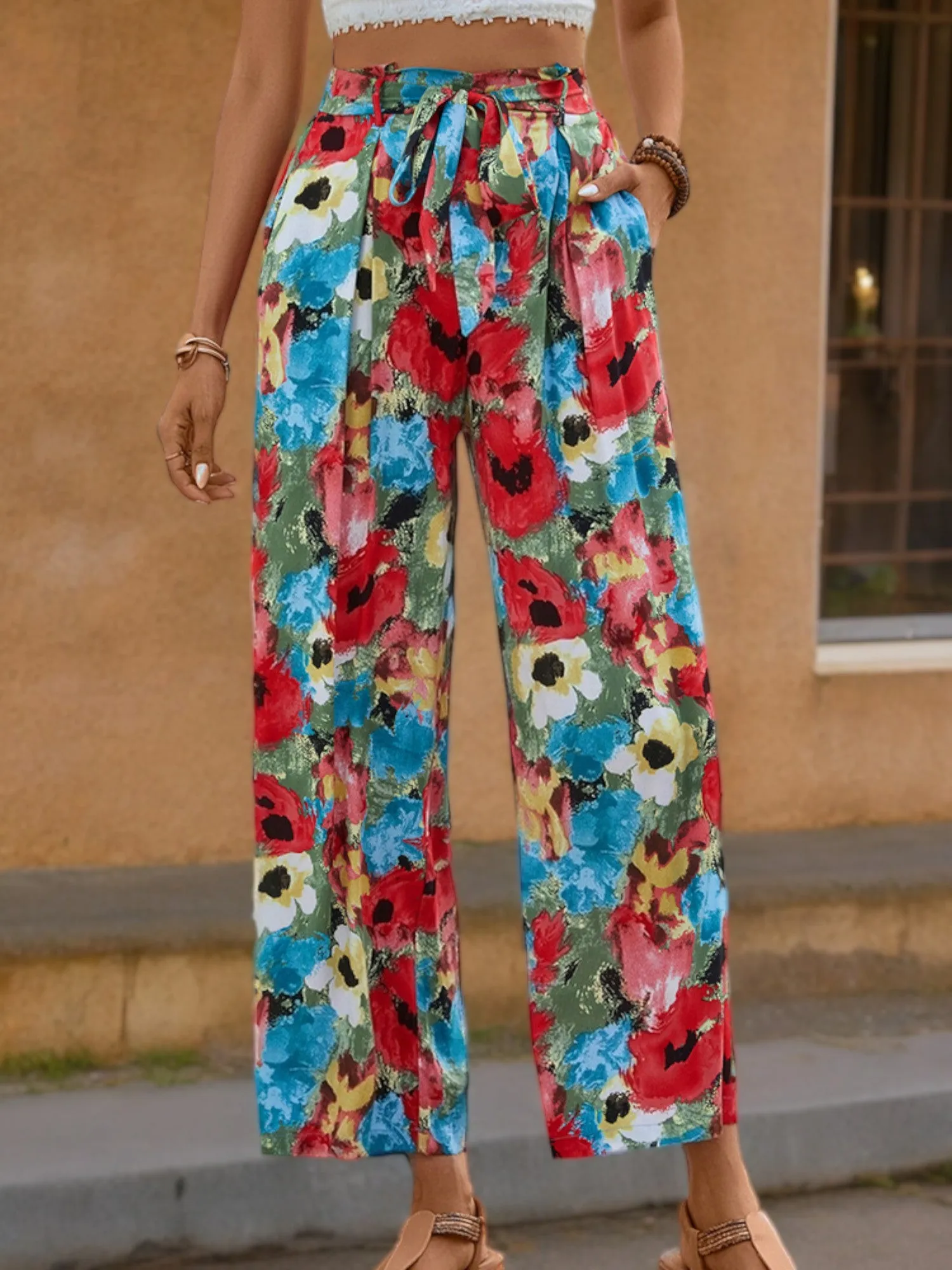 High-Waisted Wide Leg Pants with Floral Print and Tie Waist sold by Anna-Kaci