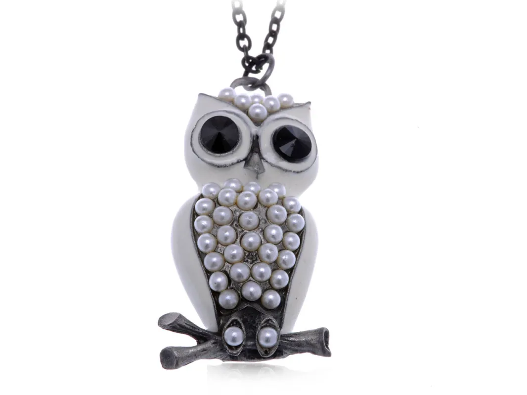 Pearls White Snow Owl Bird Pendant Necklace sold by Anna-Kaci