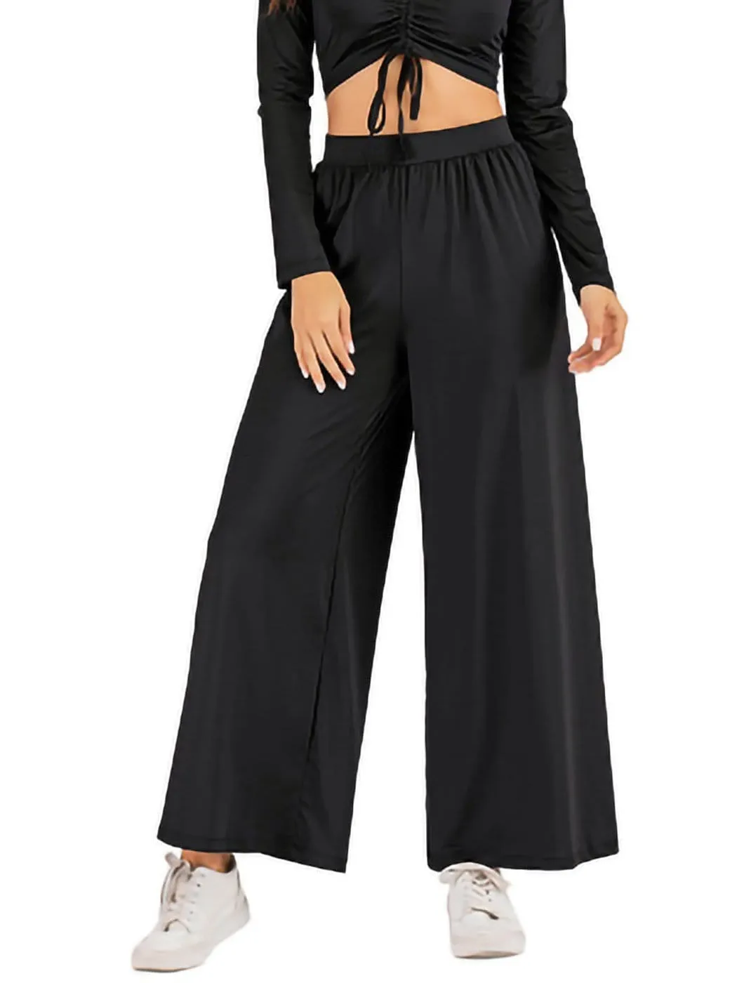 Elastic High Waist Casual Wide Leg Long Palazzo Lounge Pants Trousers sold by Anna-Kaci