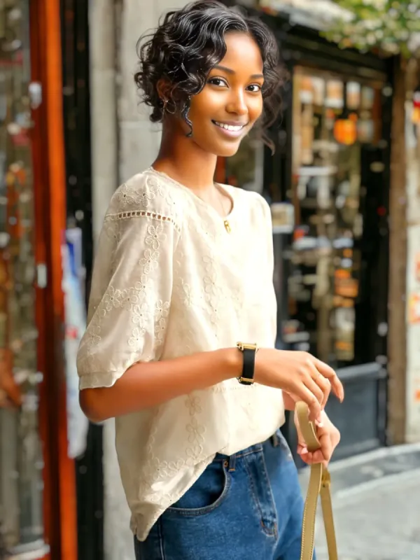 Chiffon Flower Lace Short-Sleeved Loose Hollow Design Top sold by Anna-Kaci