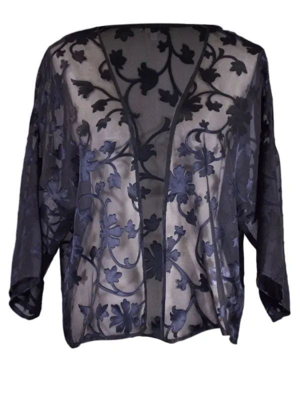 En Creme Brand Black Leaves and Flowers Appliques Sheer Net Short Kimono Jacket sold by Anna-Kaci