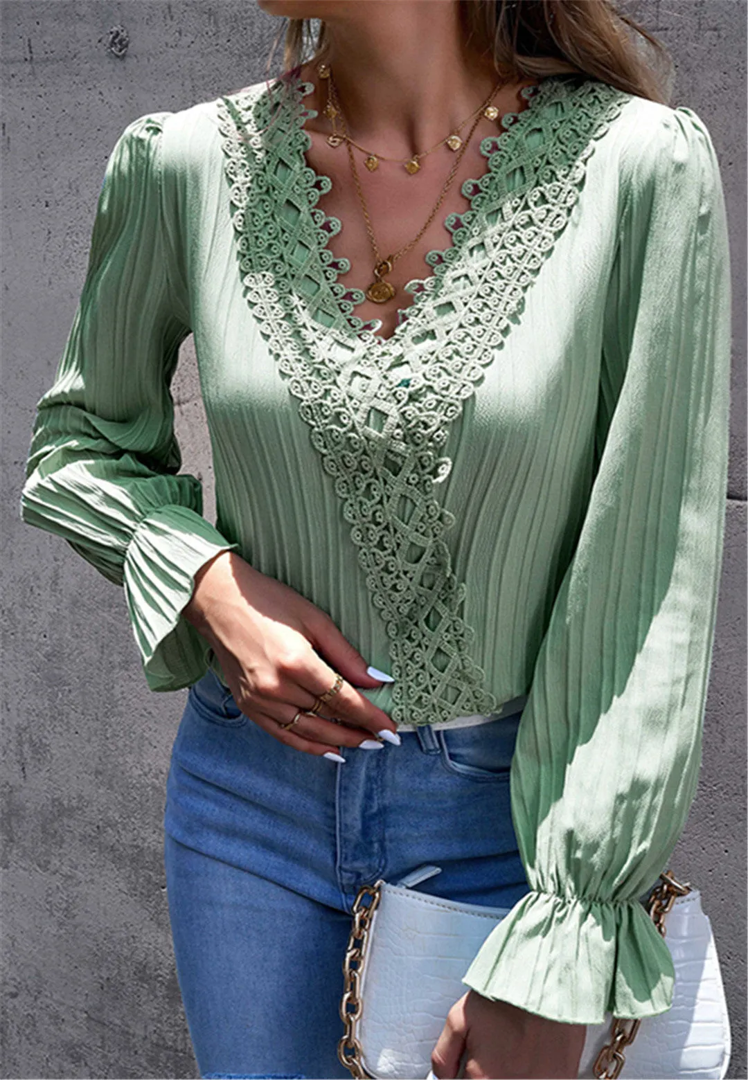 Lace Trim Textured Striped Blouse sold by Anna-Kaci product image thumbnail 3