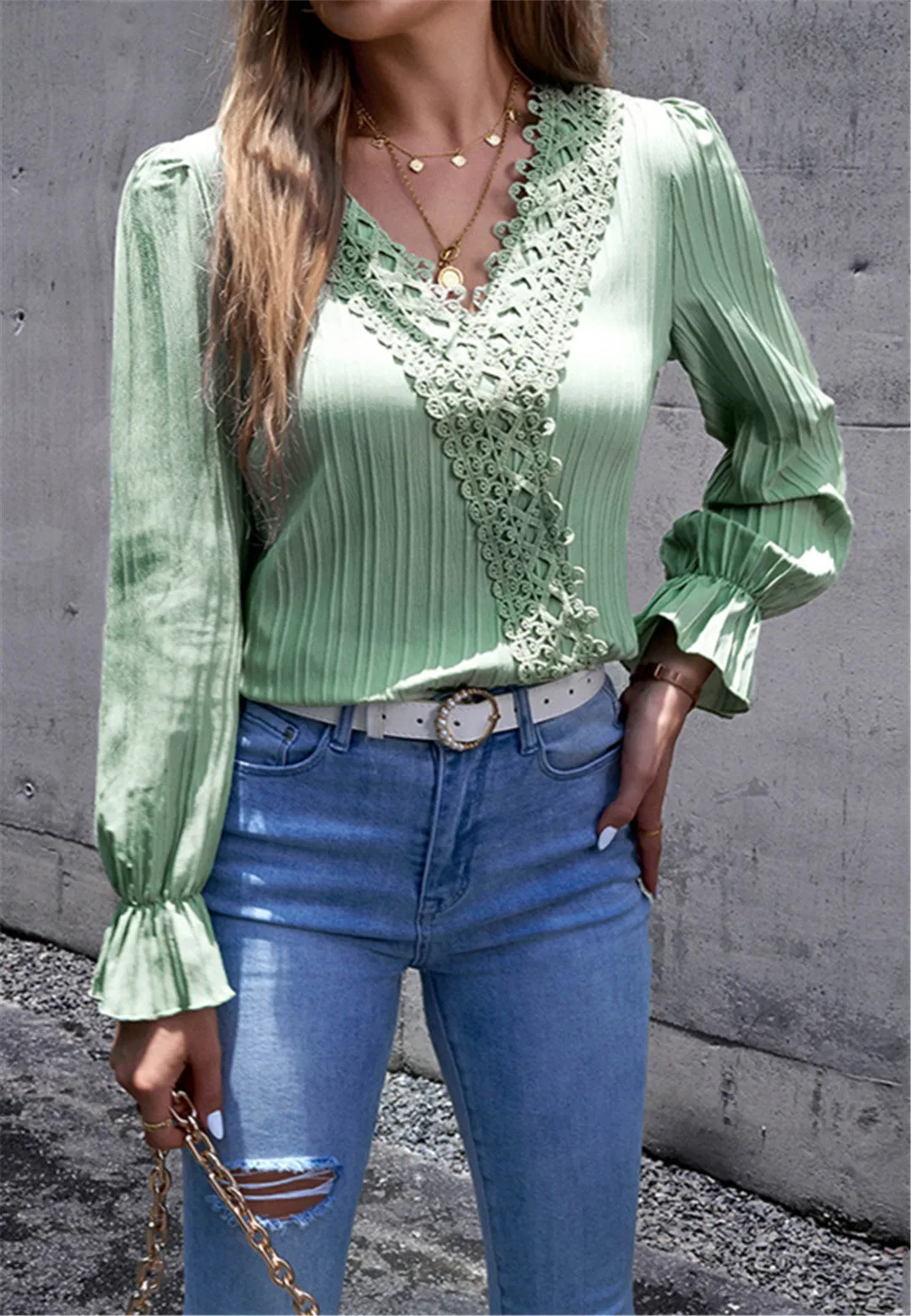 Lace Trim Textured Striped Blouse sold by Anna-Kaci