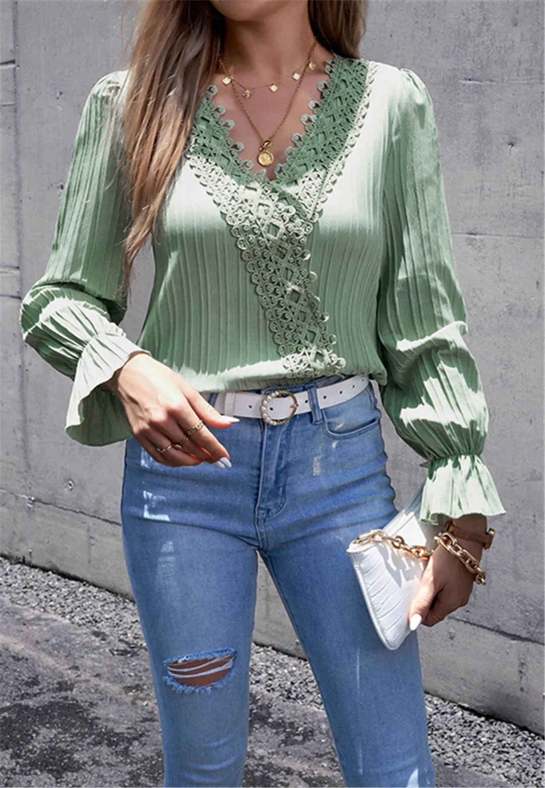 Lace Trim Textured Striped Blouse sold by Anna-Kaci product image thumbnail 2