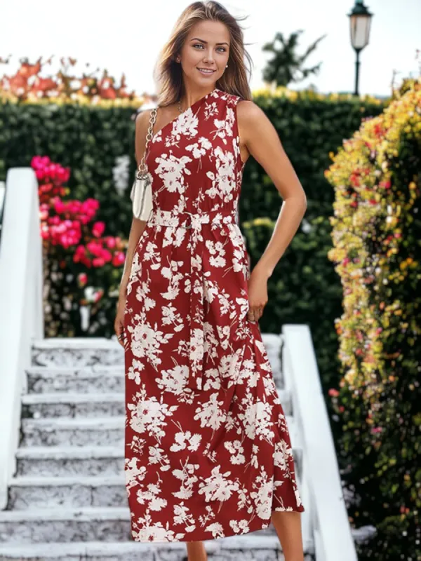 Floral Printed Single Shoulder Waist Buckle Belt Maxi Dress sold by Anna-Kaci