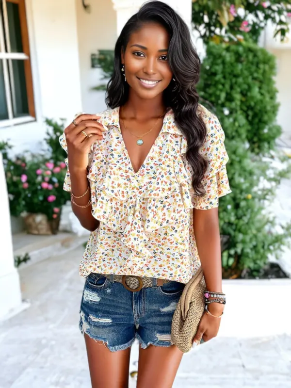 Collar Neck Ruffle Detail Short Sleeve Floral Printed Blouse sold by Anna-Kaci