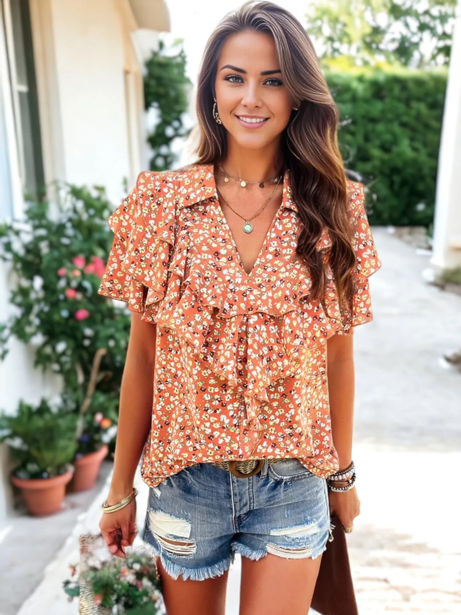 Collar Neck Ruffle Detail Short Sleeve Floral Printed Blouse sold by Anna-Kaci product image thumbnail 5