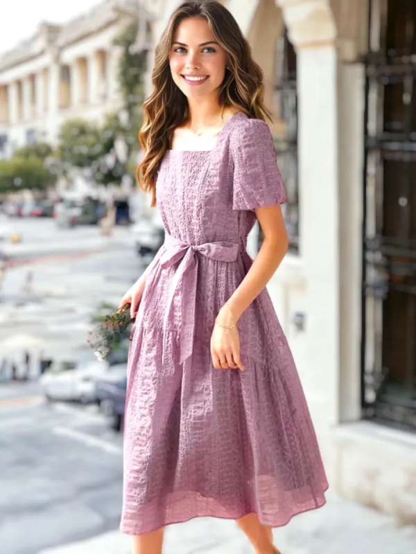 Mid Waist Chiffon Square Collar Puff Sleeve A-Line Skirt Dress made by Anna-Kaci