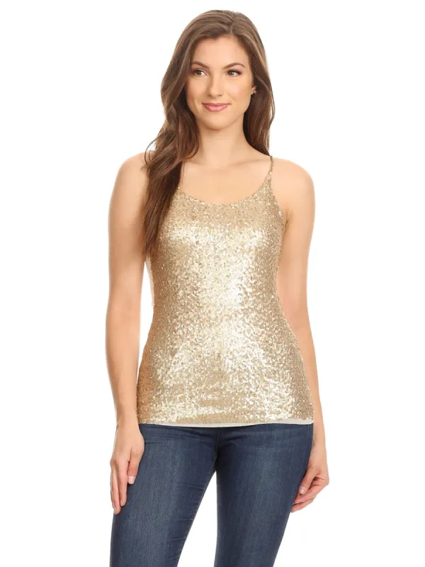 Anna-Kaci Womens Spaghetti Strap Sequin Metal Chain Shiny Party Club Camisole Tank Top sold by Anna-Kaci