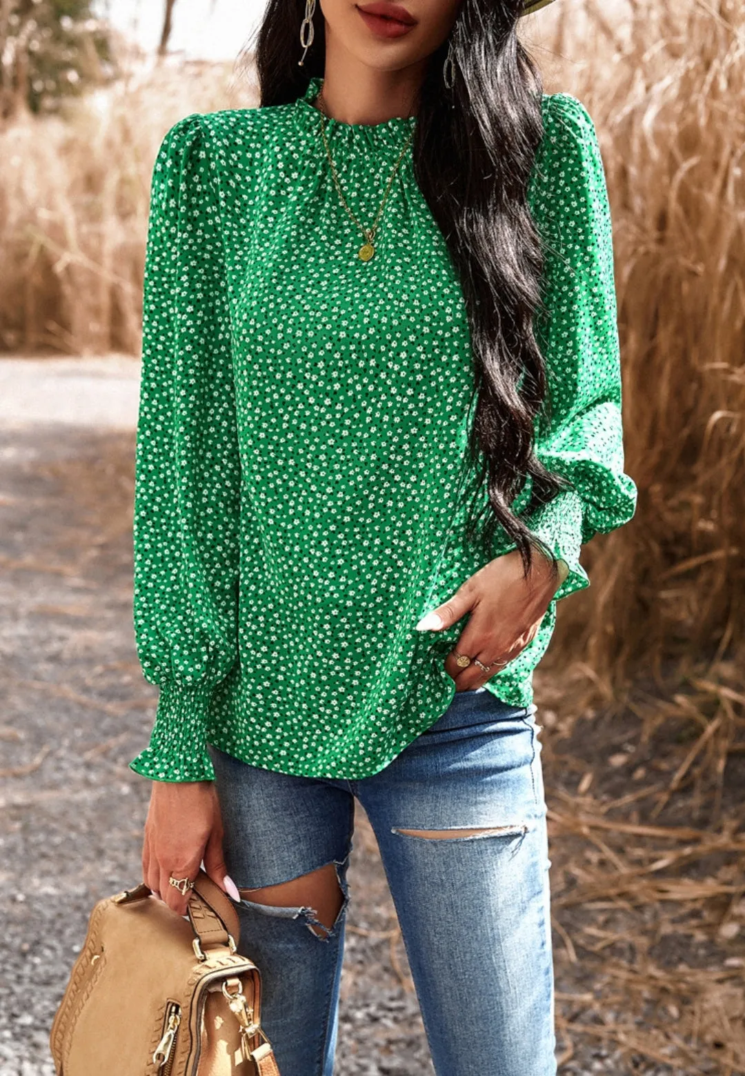 Ruffle Neck Floral Blouse sold by Anna-Kaci