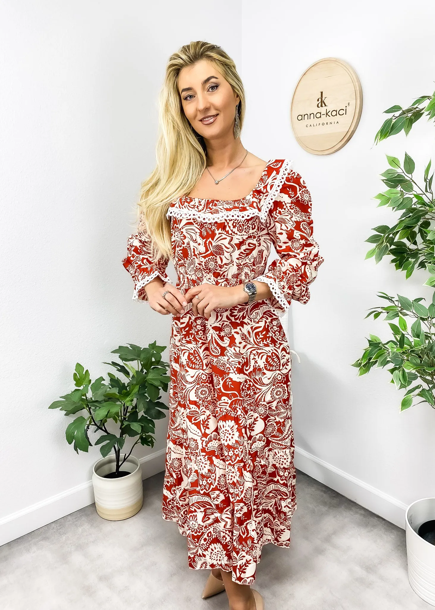 Crochet Trim Ruffle Neck Dress sold by Anna-Kaci product image thumbnail 5