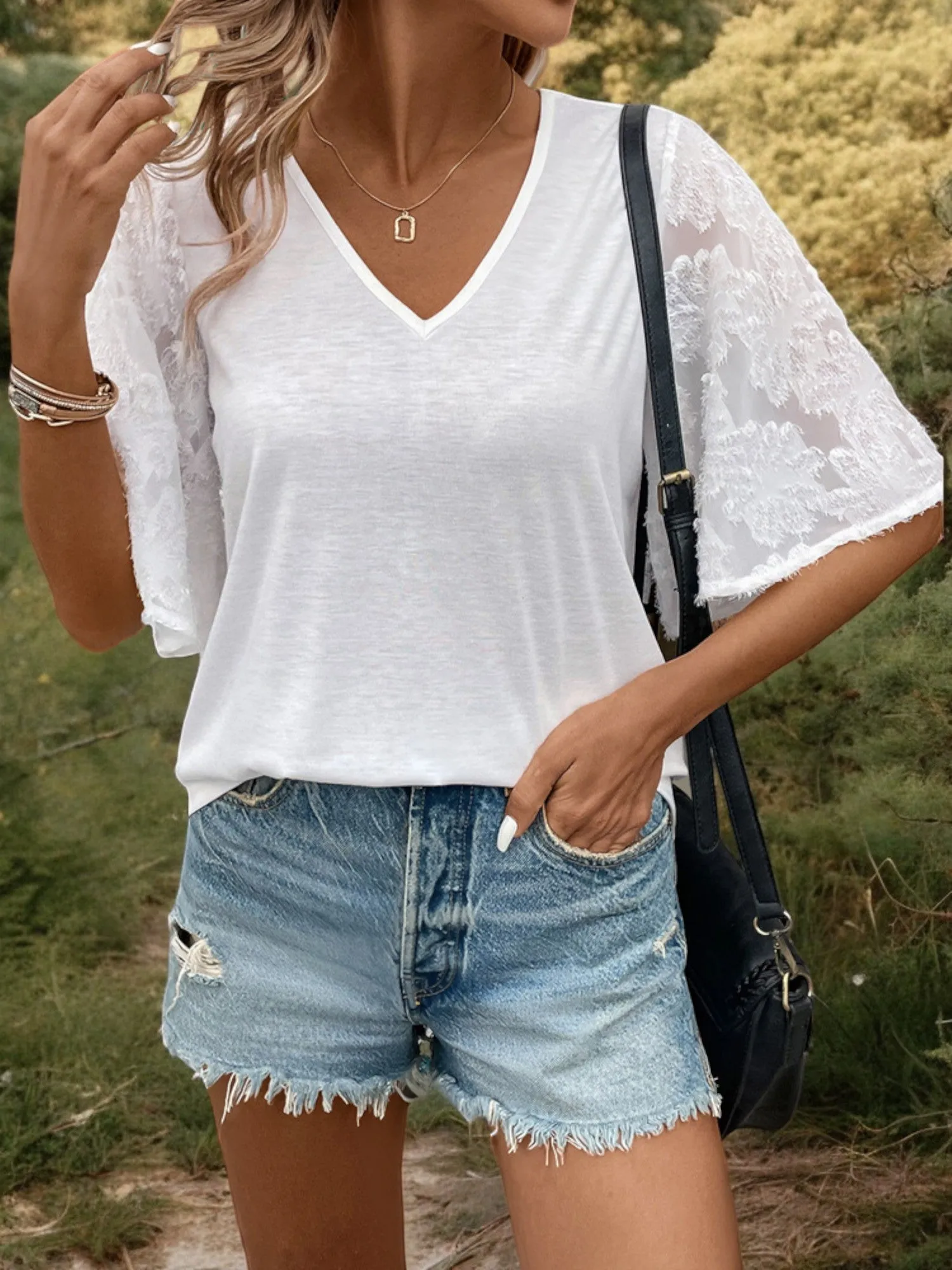 Short Sleeve V-Neck Blouse with Lace Sleeves and Relaxed Fit sold by Anna-Kaci product image thumbnail 2