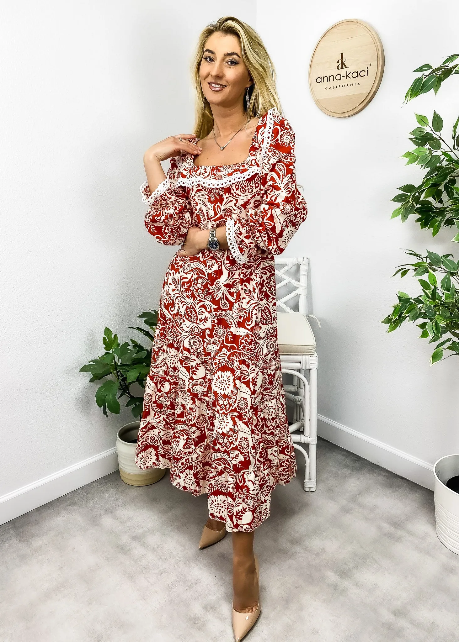 Crochet Trim Ruffle Neck Dress sold by Anna-Kaci product image thumbnail 3