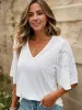 Short Sleeve V-Neck Blouse with Lace Sleeves and Relaxed Fit sold by Anna-Kaci