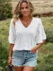 Short Sleeve V-Neck Blouse with Lace Sleeves and Relaxed Fit sold by Anna-Kaci